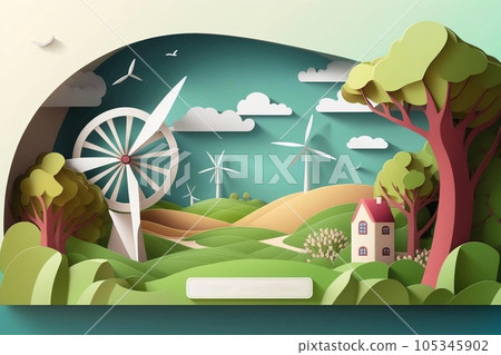 Cartoon landscape. Windmill in grass field, blue sky, flowers in summer or spring. Good for banner. 105345902