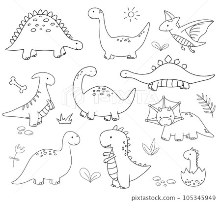 Set of cute little baby dinosaurs. Vector outline doodle illustrations isolated on white background for childish coloring book. Pterodactyl and T-rex Set of cute little baby dinosaurs. Vector outline doodle illustrations isolated on white background for childish coloring book. Pterodactyl and T-rex 105345949
