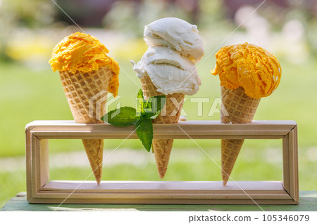 Refreshing ice cream in waffle cones with lemon flavour Refreshing ice cream in waffle cones with lemon flavour 105346079