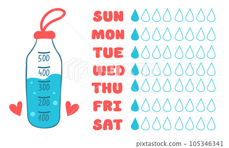 Water tracker template with sport bottle. Drinking water checklist. Vector illustration. 105346341