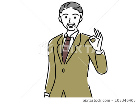 簡單的線條畫插圖,顯示一位商人帶著微笑的 OK 標誌 簡單的線條畫插圖,顯示一位商人帶著微笑的 OK 標誌 105346403