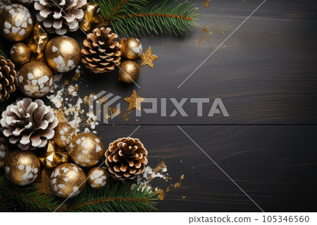 Christmas decoration with pine cones. Christmas background with space for text. Generative AI 105346560