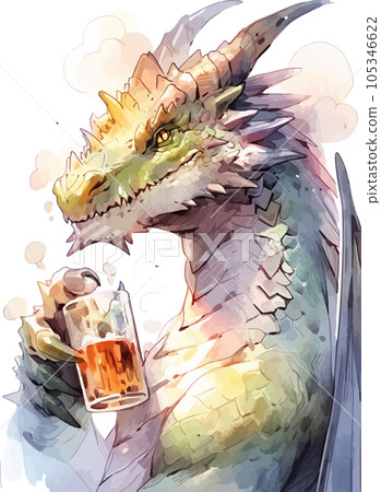 AI-generated image of a sour dragon (Tatsu) drinking alcohol drawn with watercolors 105346622