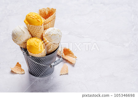 Lemon ice cream in delightful waffle cones 105346698