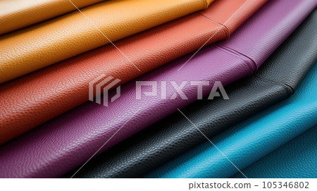 Close up multicolor of leathers background. folded leathers texture. Faux leather fabric, leatherette fabric for clothing 105346802