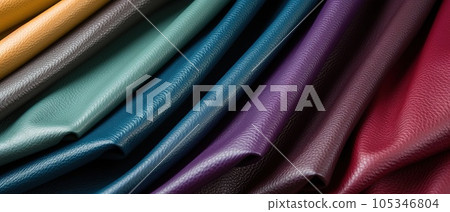 Close up multicolor of leathers background. folded leathers texture. Faux leather fabric, leatherette fabric for clothing Close up multicolor of leathers background. folded leathers texture. Faux leather fabric, leatherette fabric for clothing 105346804