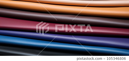 Close up multicolor of leathers background. folded leathers texture. Faux leather fabric, leatherette fabric for clothing Close up multicolor of leathers background. folded leathers texture. Faux leather fabric, leatherette fabric for clothing 105346806