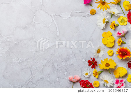 Assorted flowers on marble backdrop Assorted flowers on marble backdrop 105346817
