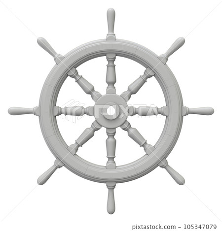 Clay render of ship steering wheel isolated on white background - 3D illustration 105347079