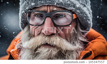 Climber on the ascent with a weathered face in goggles Climber on the ascent with a weathered face in goggles 105347557