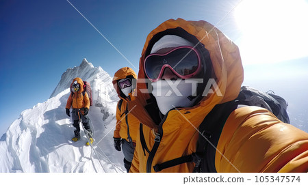 Climber on the ascent with a weathered face in goggles Climber on the ascent with a weathered face in goggles 105347574