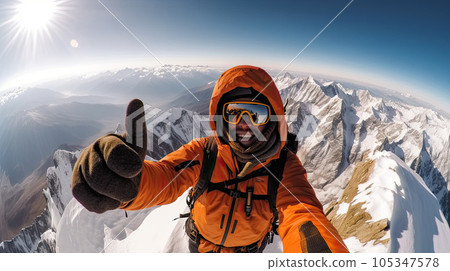 Climber on the ascent with a weathered face in goggles Climber on the ascent with a weathered face in goggles 105347578