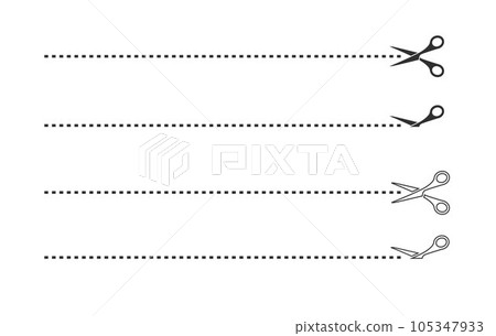 Scissor line icon set, Black scissors cut lines on Scissor line icon set, Black scissors cut lines on 105347933