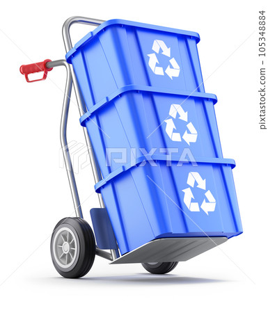Hand truck with blue plastic recycle crate - 3D illustration Hand truck with blue plastic recycle crate - 3D illustration 105348884