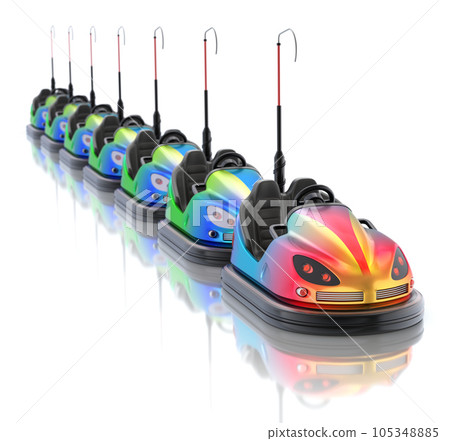 Leadership concept with electric bumper cars over white reflective background - 3d illustration Leadership concept with electric bumper cars over white reflective background - 3d illustration 105348885
