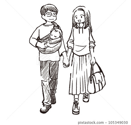 Hand drawn style illustration of a couple walking with a baby Hand drawn style illustration of a couple walking with a baby 105349030