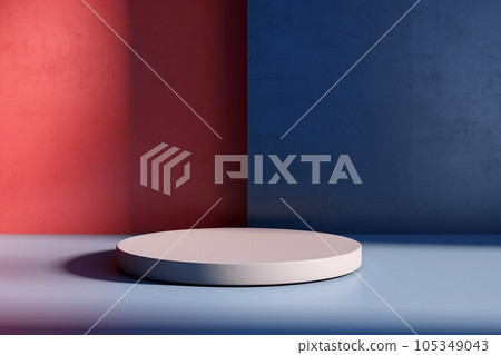 Modern abstract template with light blue floor and white column display stand on red and blue background. AI generated image Modern abstract template with light blue floor and white column display stand on red and blue background. AI generated image 105349043