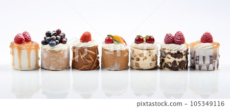 Set of delicious cakes. Small sweet cakes isolated on white background. Bakery products. Banner design Set of delicious cakes. Small sweet cakes isolated on white background. Bakery products. Banner design 105349116