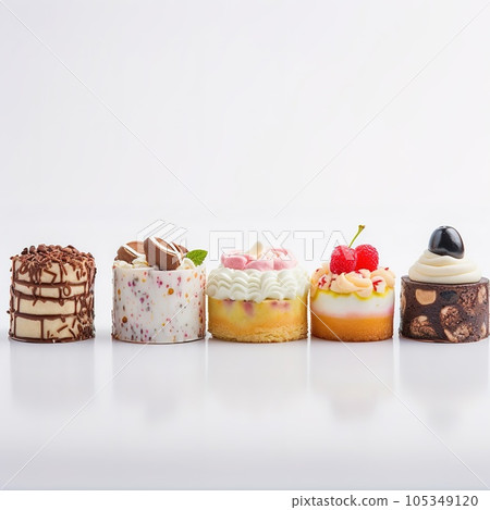 Set of delicious cakes. Small sweet cakes isolated on white background. Bakery products. Banner design 105349120