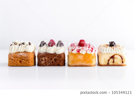 Set of delicious cakes. Small sweet cakes isolated on white background. Bakery products. Banner design 105349121