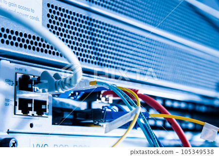 backside of server rack with patch cable connected into the switch panel backside of server rack with patch cable connected into the switch panel 105349538