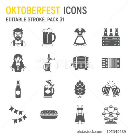 Oktoberfest glyph icon set, holiday collection, vector graphics, logo illustrations, beerfest vector icons, germany's symbols signs, solid pictograms, editable stroke 105349689
