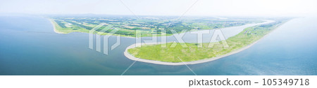 Aerial view of the mouth of the Ishikari River in Hokkaido (panorama) 105349718