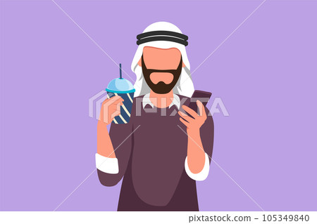 Cartoon flat style drawing handsome Arab man looking at mobile phone and holding glass of orange juice while having breakfast at home. Morning routine before work. Graphic design vector illustration Cartoon flat style drawing handsome Arab man looking at mobile phone and holding glass of orange juice while having breakfast at home. Morning routine before work. Graphic design vector illustration 105349840