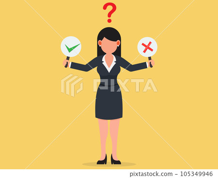 Decision making options. Businesswoman holding check mark and cross mark. Decision making options. Businesswoman holding check mark and cross mark. 105349946