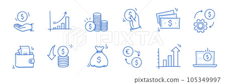 Money cash, coin business doodle icon set. Dollar coin, money profit doodle line sketch business inflation, cash payment. Financial profit, growth icon. Outline editable stroke. Vector Money cash, coin business doodle icon set. Dollar coin, money profit doodle line sketch business inflation, cash payment. Financial profit, growth icon. Outline editable stroke. Vector 105349997