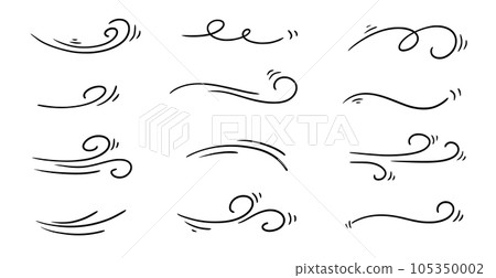 Doodle wind line sketch set. Hand drawn doodle wind motion, air blow, swirl elements. Sketch drawn air blow motion, smoke flow art, abstract line. Isolated vector 105350002