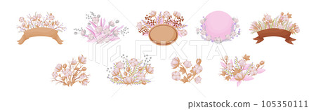 Tender Floral Bouquet with Soft Cotton Buds Vector Set Tender Floral Bouquet with Soft Cotton Buds Vector Set 105350111