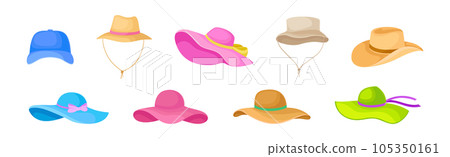 Colorful Wide-brimmed Felt or Cloth Hat Vector Set 105350161
