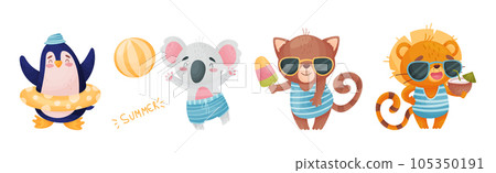 Cute Animal at Seaside at Summer Having Rest Vector Set Cute Animal at Seaside at Summer Having Rest Vector Set 105350191