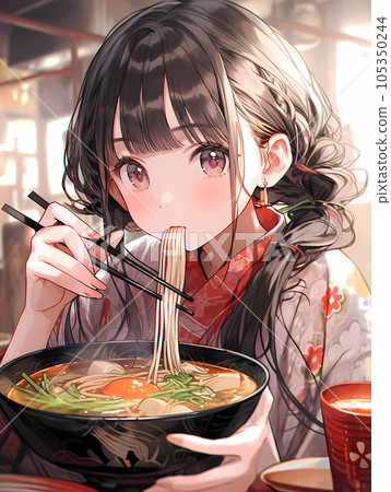 Taisho Roman-style girl eating Tsukimi soba at a shop 105350244