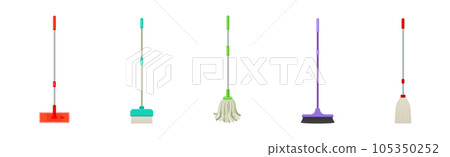 Mop and Broom with Long Pole for Cleaning and Sweeping Floors Vector Set Mop and Broom with Long Pole for Cleaning and Sweeping Floors Vector Set 105350252