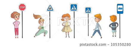 Little Boy and Girl Pedestrian Learning Road Sign and Traffic Rule Vector Set Little Boy and Girl Pedestrian Learning Road Sign and Traffic Rule Vector Set 105350280
