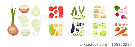 Raw Vegetable Sliced or Chopped as Cooking Ingredient Vector Set Raw Vegetable Sliced or Chopped as Cooking Ingredient Vector Set 105350283