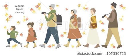 三代家庭享受秋葉觀賞矢量夫婦兒童老人的秋天插畫素材 105350723