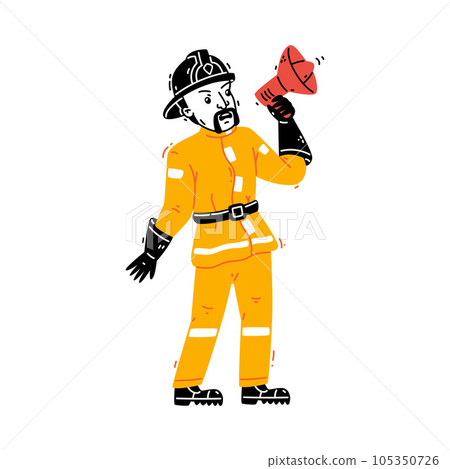 Man Firefighter Character in Helmet and Uniform Shout in Loudspeaker Vector Illustration Man Firefighter Character in Helmet and Uniform Shout in Loudspeaker Vector Illustration 105350726