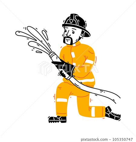 Man Firefighter Character in Helmet and Uniform Stream Water from Hose Vector Illustration Man Firefighter Character in Helmet and Uniform Stream Water from Hose Vector Illustration 105350747