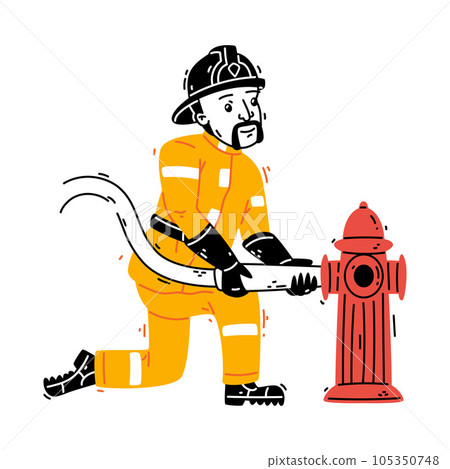 Man Firefighter Character in Helmet and Uniform Join Hose with Water Hydrant Vector Illustration Man Firefighter Character in Helmet and Uniform Join Hose with Water Hydrant Vector Illustration 105350748
