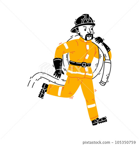Man Firefighter Character in Helmet and Uniform Running with Hose Vector Illustration 105350759