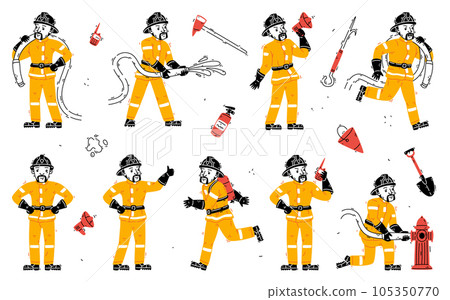 Man Firefighter Character in Helmet and Uniform Working Vector Set 105350770