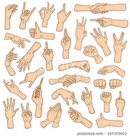 Gestures arms stop, palm, thumbs up, finger pointer, ok, like and pray or handshake, fist and peace 105350922