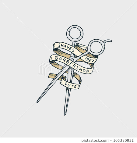 Barber shop badge and label, logo and hipster emblems. Tools for man icon. Haircut of beard and Barber shop badge and label, logo and hipster emblems. Tools for man icon. Haircut of beard and 105350931