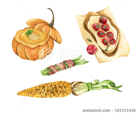 Watercolor illustration of a variety of holiday foods. Isolated on white background. 105351036