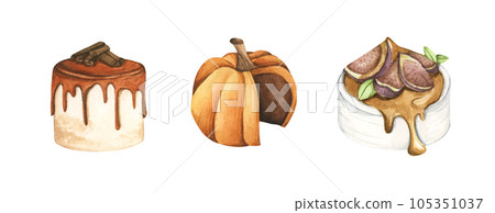 Watercolor illustration of a variety of holiday (Thanksgiving and Christmas) dessert. Holiday menu design elements. Isolated on white background. Watercolor illustration of a variety of holiday (Thanksgiving and Christmas) dessert. Holiday menu design elements. Isolated on white background. 105351037
