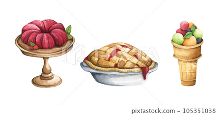 Watercolor illustration of a variety of holiday (Thanksgiving and Christmas) dessert. Holiday menu design elements. Isolated on white background. Watercolor illustration of a variety of holiday (Thanksgiving and Christmas) dessert. Holiday menu design elements. Isolated on white background. 105351038