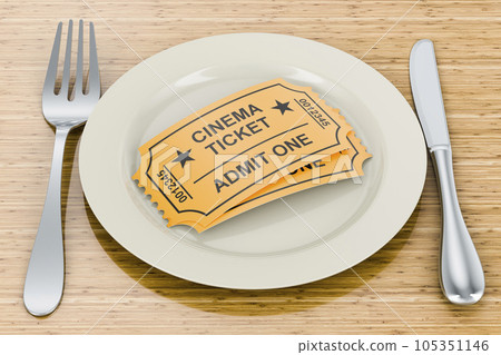 Dinner plate with cinema tickets, 3D rendering 105351146